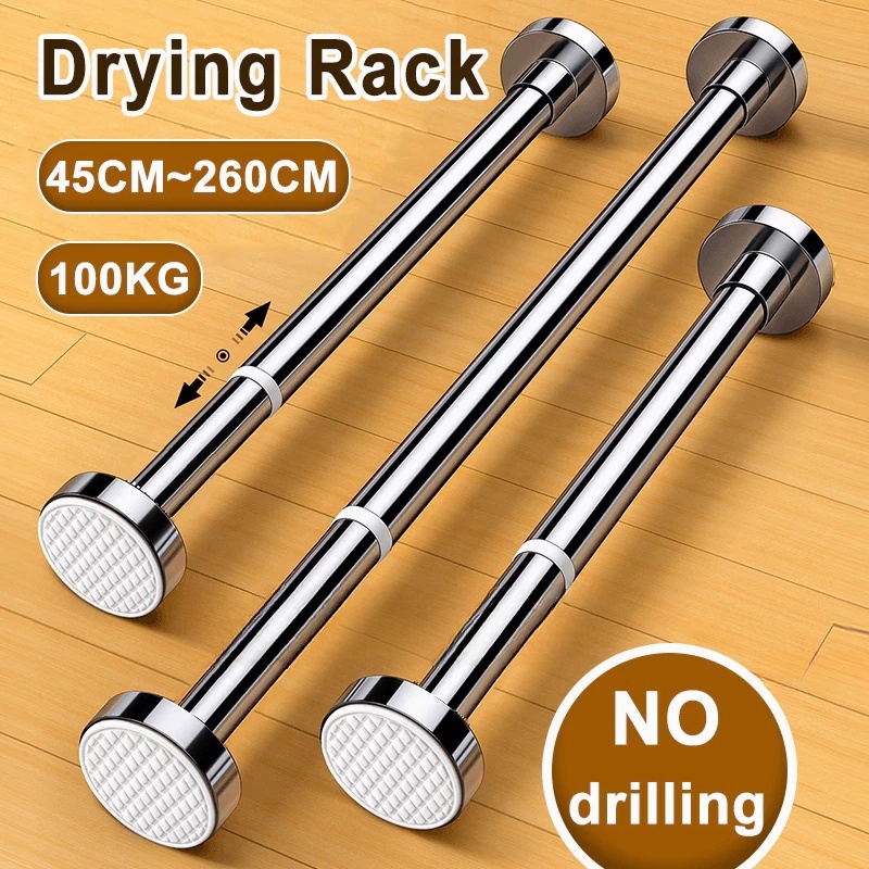ปรับราวตากผ้าสแตนเลสไม่ต้องเจาะรู baju Telescopic Pole Curtain Rod สําหรับระเบียงห้องน้ํา Telescopic auto杆