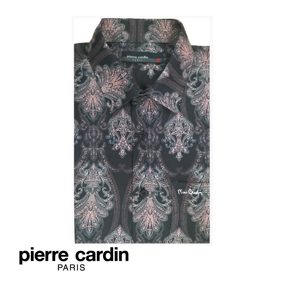 Pierre Cardin เสื้อเชิ้ต แขนสั้น ผู้ชาย ผ้าบาติก ทรงพอดีตัว มีกระเป๋า สีดํา W3505B-11409