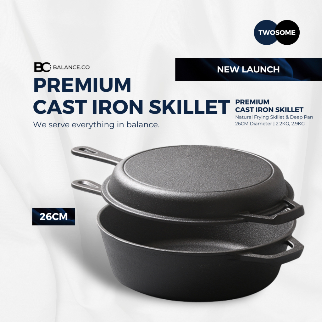 Balance.co Twosome Pre-seasoned Pure Cast Iron Combo Skillet กระทะทอด Convertible Griddle ฝาปิด 铁锅