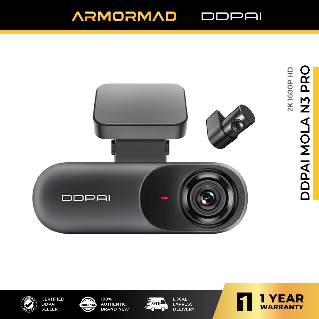 DDPAI Dash Cam Mola N3 Pro ด้านหน้าและด้านหลัง 2K 1600P อินฟราเรด Night Vision Two-Fold Connector GP