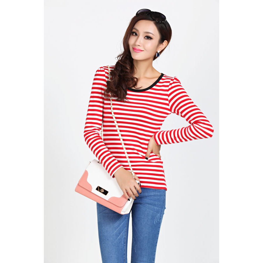 เสื้อแขนยาวลายทางแฟชั่น (สีแดง) 16207
