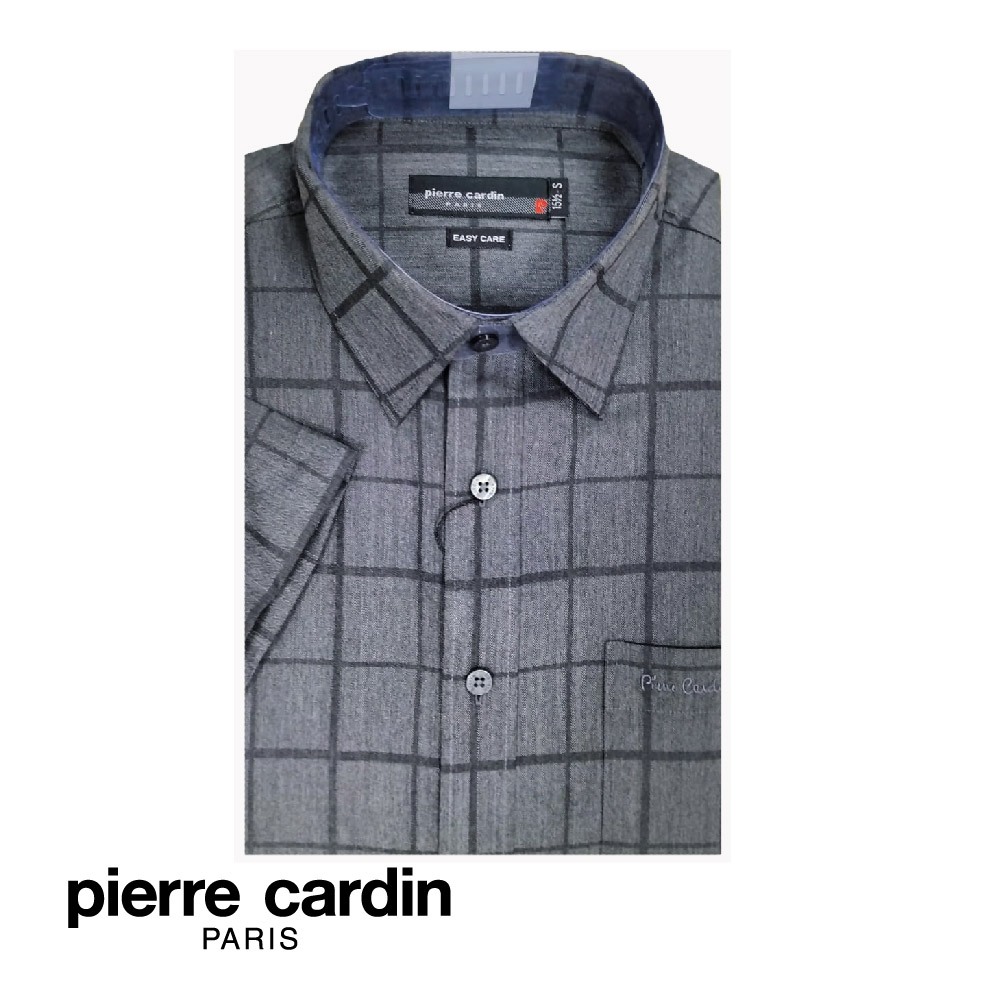 Pierre CARDIN เสื้อแขนสั้น ลายตาราง พร้อมกระเป๋า (กึ่งพอดี) - สีดํา (W4105B-11508)