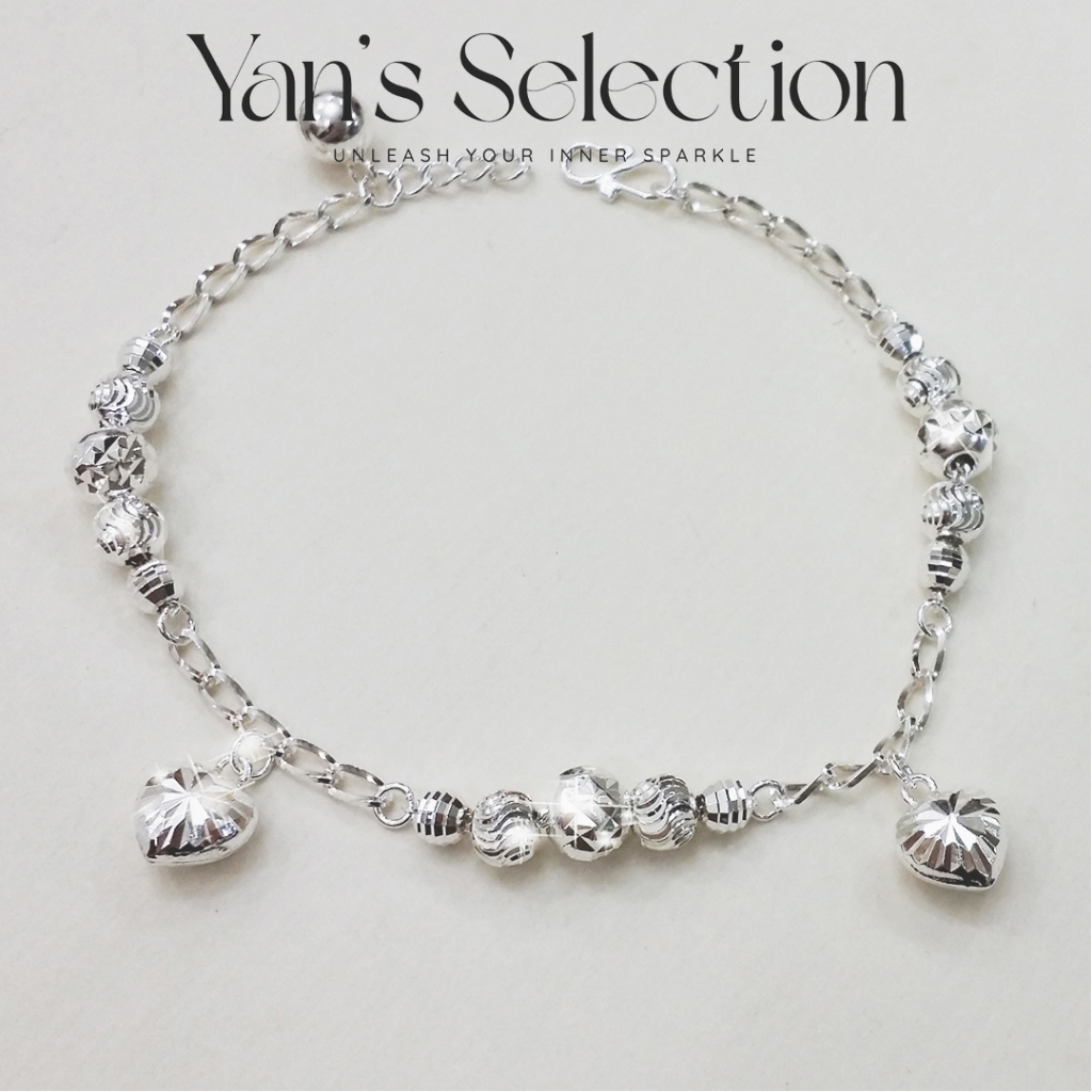 YANS 925 Silver Shinning Bead with Heart Charm Bracelet Anklet** Gelang Tangan Kaki 925 Perak *