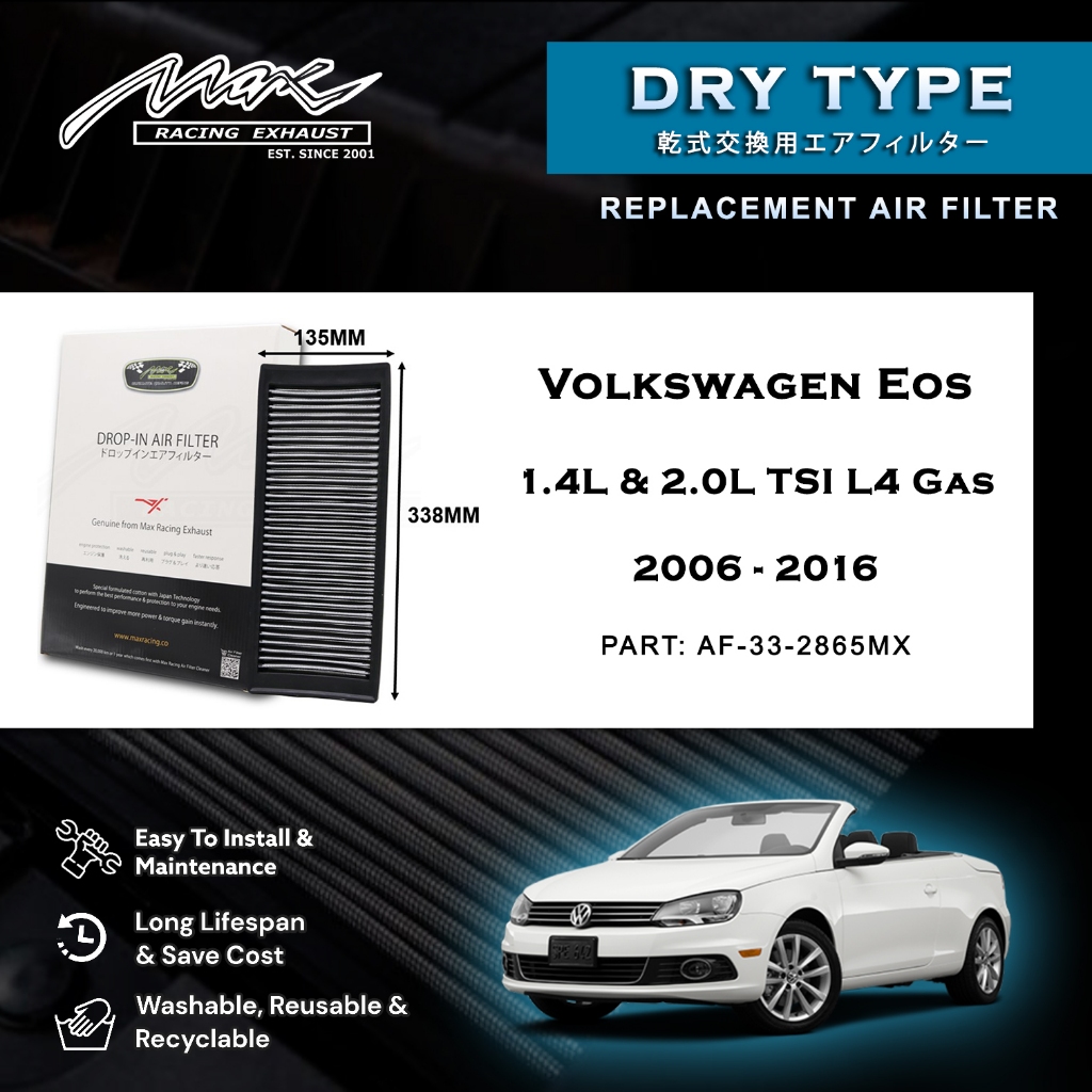 Volkswagen Eos 1.4L & 2.0L TSI L4 แก๊ส 2006 ถึง 2016 33-2865MX Max Racing Exhaust Performance Drop-i