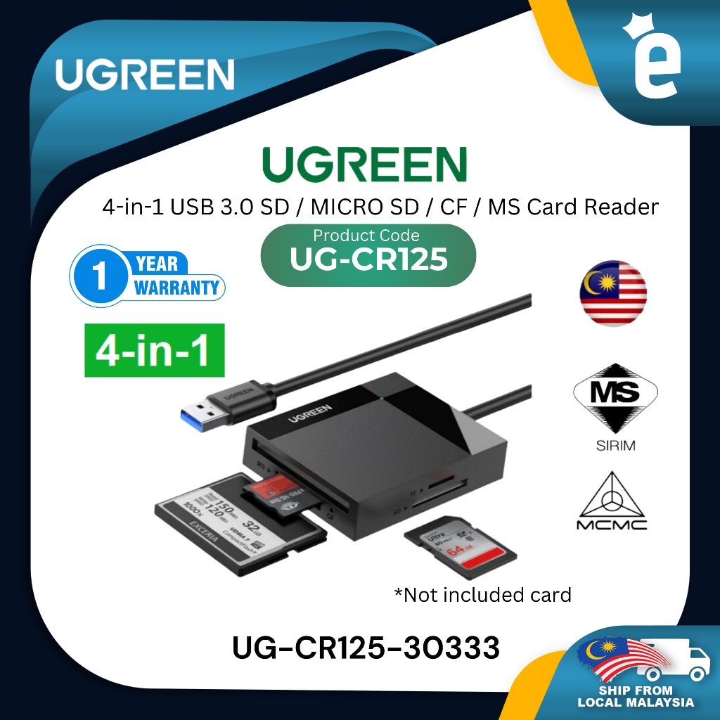 UGREEN CR125 4-IN-1 SUPER SPEED USB 3.0 USB-A TO SD / TF / CF / MS SLOT CARD READER 50CM (UG-CR125-3