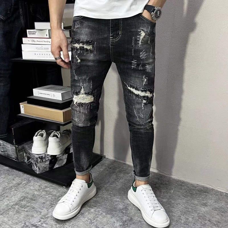 คุณภาพสูง 3665 สไตล์เกาหลีสีดําฉีกกางเกงยีนส์ยืดบางผู้ชายกางเกงยีนส์กางเกง Seluar Koyak