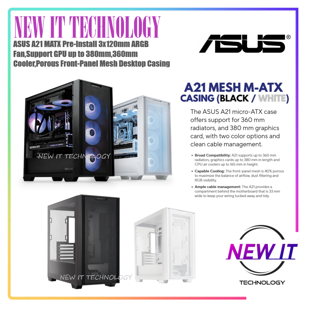 ASUS A21 MATX Pre-Install 3x120mm ARGB Fan,Support GPU up to 380mm,360mm Cooler,Porous Front-Panel M