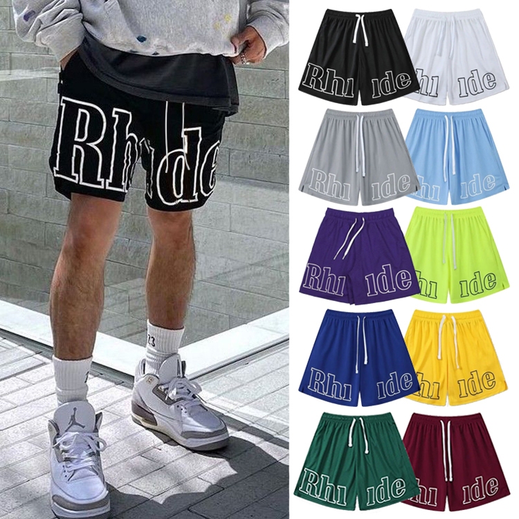 Rhude Style LA Vibe อินเทรนด์ Casual Sport Quick Dry Basketball Outdoor Mens Loose Shorts Pants