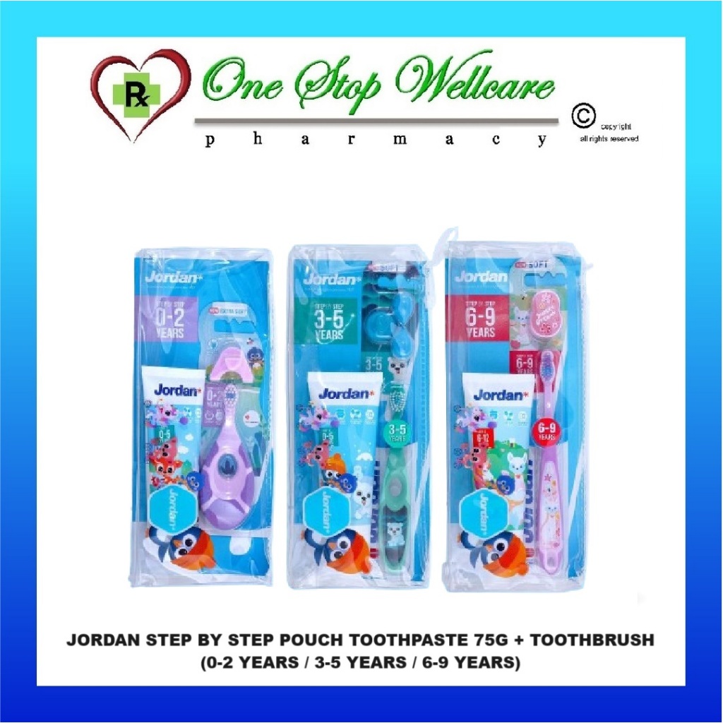 JORDAN STEP BY STEP POUCH TOOTHPASTE 75G + TOOTHBRUSH (0-2 ปี / 3-5 ปี / 6-9 ปี)