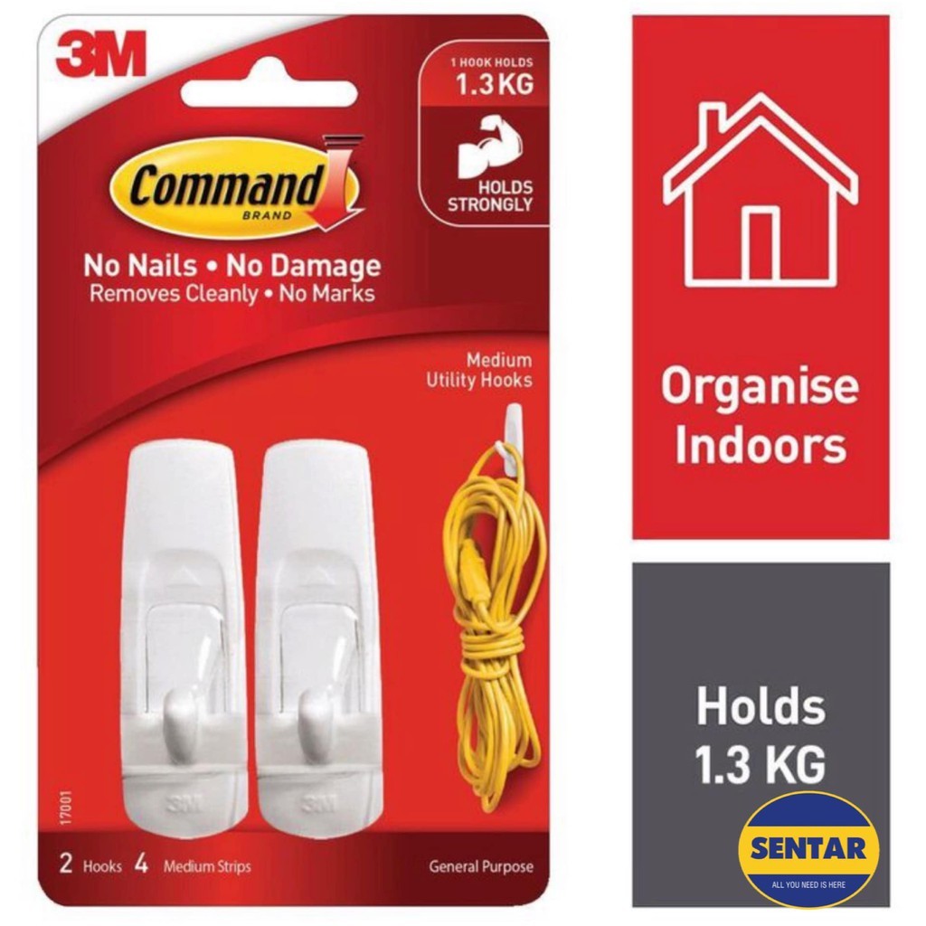 3M Command 17001 1.3 กก.จัดระเบียบ Hook Wall Organizer วัตถุประสงค์ทั่วไป Coat Hook