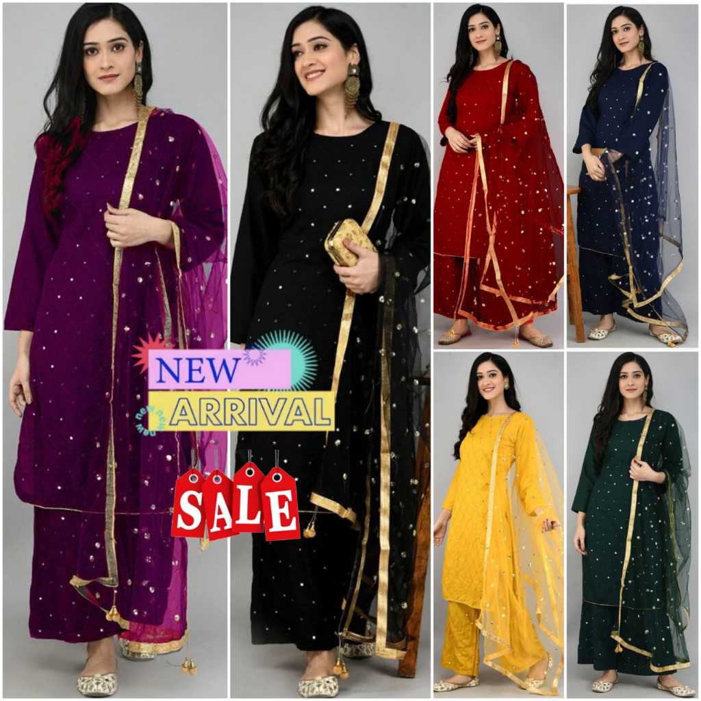 Party Wear Designer ผ้าเรยอน Embriodry Work Kurti-plazzo-Dupatta Set /ชุด Punjabi /ชุดสูท 3 ชิ้น