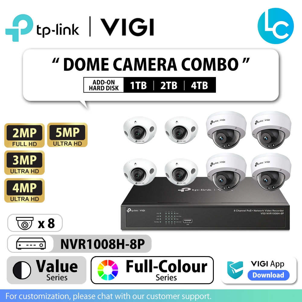 TP-Link VIGI กล้องวงจรปิด 8 ช่อง Bundle ชุด PoE แบบมีสายโดม IP กล้อง C220I/C230I/C230I Mini/C240I/C2
