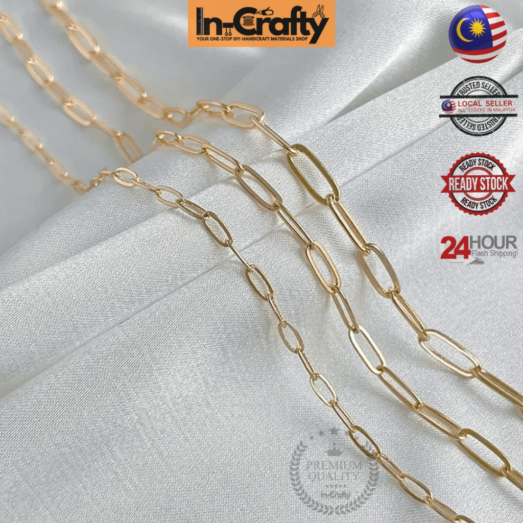 IN-CRAFTY / 14K / Silver Chain Rantai Suasa DIY / Gold Paperclip Tarnish ทนสี่เหลี่ยมผืนผ้าสร้อยคอสร้อยข้อมือ 金链 / 50 ซม.