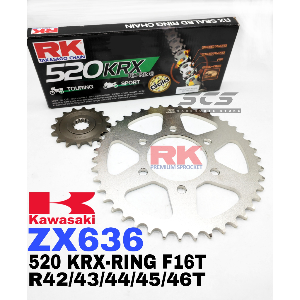 RK ชุดเฟือง Kawasaki ZX6R ZX6 ZX636 2007-2018 520 KRX X-Ring โซ่สีดําทอง F16T - R42/43/44/45/46/47T 