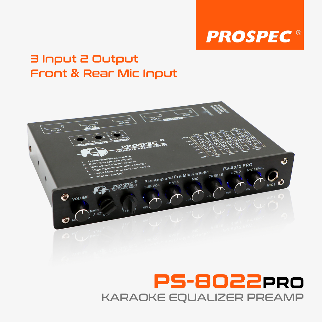 PROSPEC PS-8022 คาราโอเกะ Equalizer Pre-Amp Double Mic ด้านหน้าและด้านหลังเครื่องเสียงรถยนต์คาราโอเก