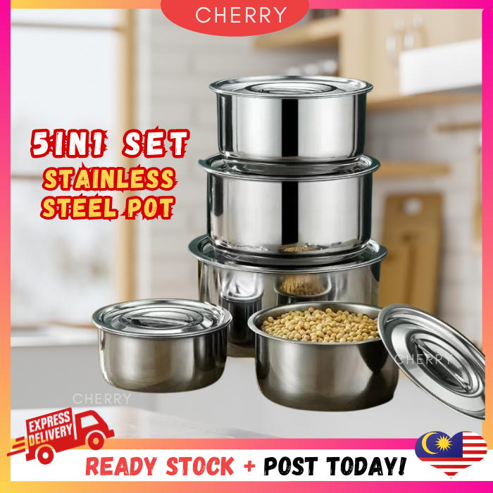 CHERRY 5 In 1 สแตนเลส Conditioning Food Pot พร้อมฝาปิด Periuk Masak Food Storage Indian Pot KD176