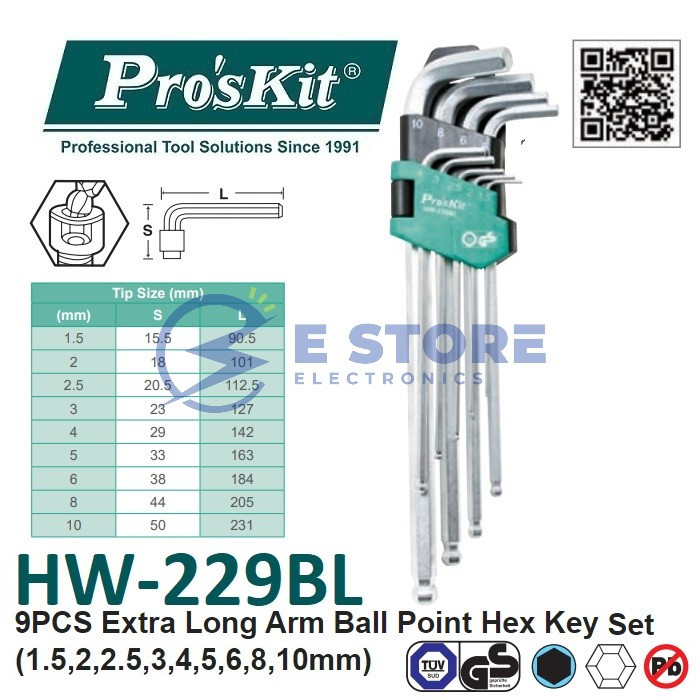 ProsKit HW-229BL 9 ชิ้นยาวพิเศษแขน Ball Point Hex Key Set (1.5,2,2.5,3,4,5,6,8,10 มม.)