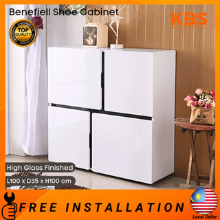 (FREE Installation+Shipping) KBS Benefiell White High Gloss Premium Shoe Storage Cabinet / L100 x D35 x H100 cm