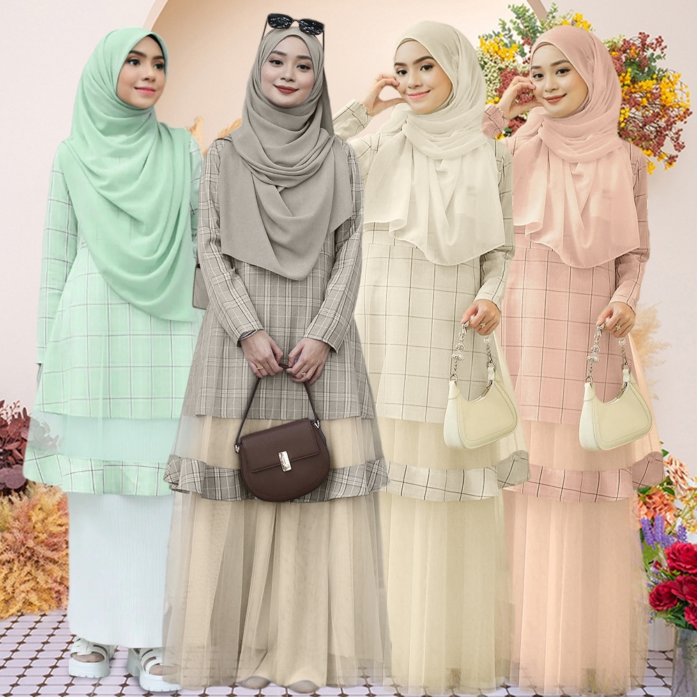 Baju Kebarung Baju Raya 2024 ลายสก๊อต Peplum Baju Kurung Mesh Kurung Moden Muslimah Baju Perempuan Bridesmaid Nikah Kurung