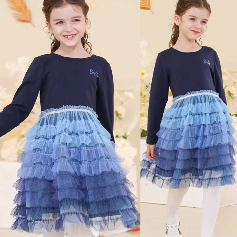 Helenz Barbie Blue Ombre Ruffle Dress for Girls – เสื้อแขนยาวพร้อมผ้า Tulle Skir Layered
