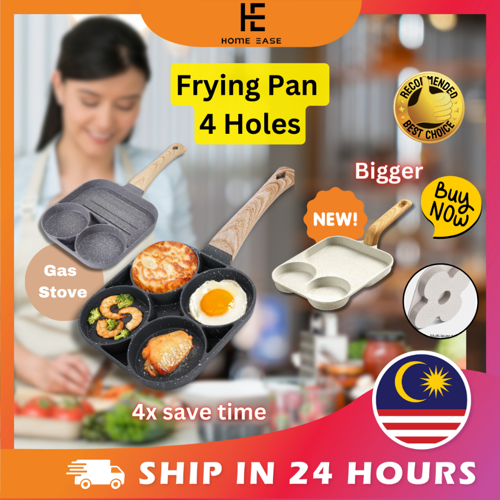 ใหม่ 3/4 หลุมไข่กระทะ Non Stick 19 ซม.ขนาดใหญ่พิเศษ Maifan หิน Kuali Telur Burger สีดํา Leper Tidak 