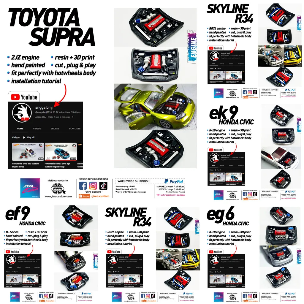เครื่องยนต์สําหรับ Hotwheels Honda Civic EF9 EG6 EK9 Toyota Supra Nissan Skyline r34 RB24 2JZ K20