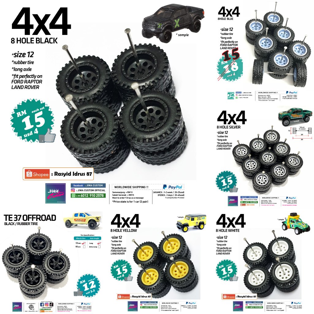 ล้อ 4x4 | 8 Hole Te37 Tayar getah hotwheels Size 12 RLC Ford Offroad