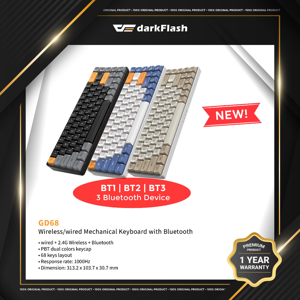 DarkFlash GD68 Wireless 2.4G, Bluetooth & USB Hot Swap Mechanical Keyboard (K Yellow Switch)