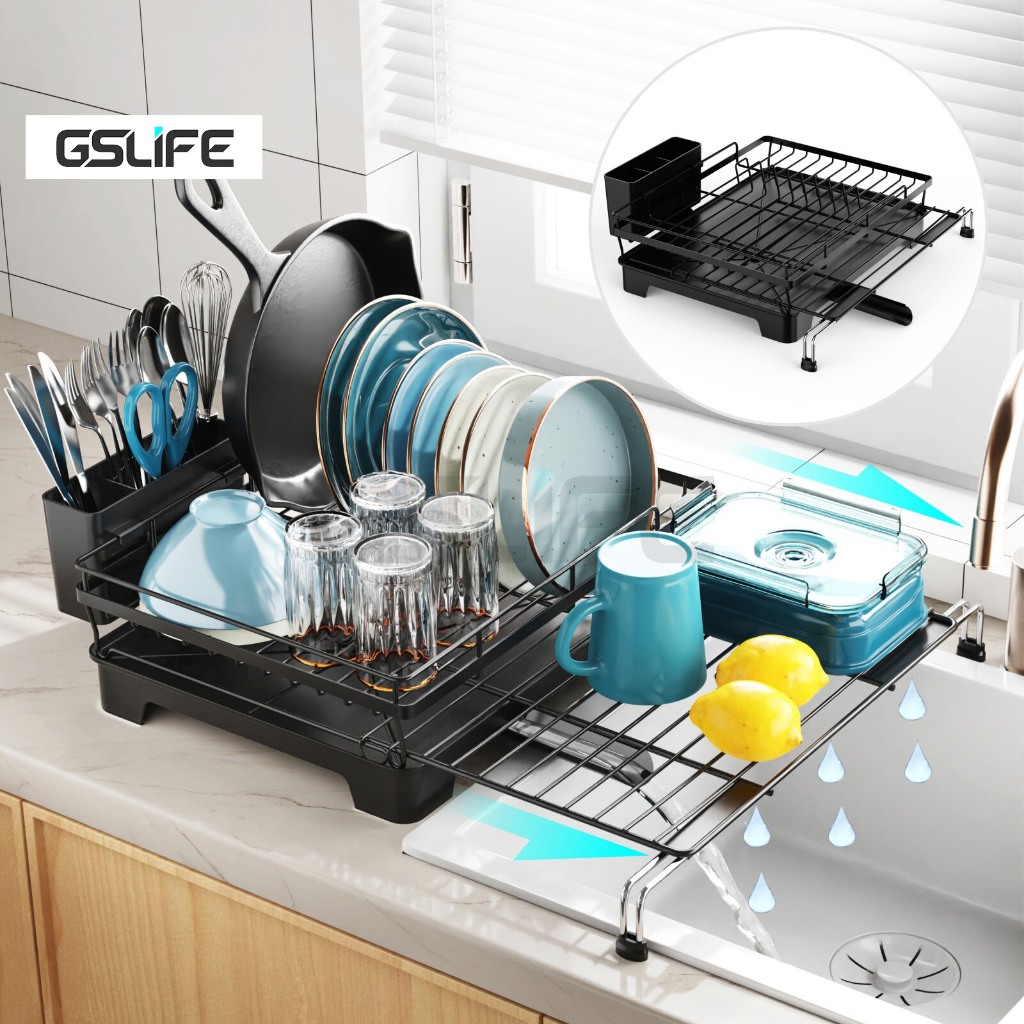 GSlife ปรับได้ 2 In 1 ชั้นวางจานเคาน์เตอร์ครัวชั้นวางจานรักปิงกันพร้อมถาด