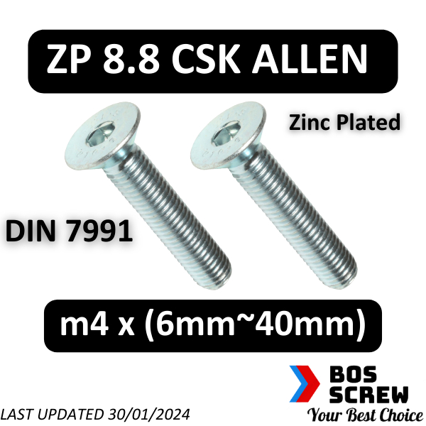HT CounterSunK Allen Screw m4 x 6mm~40mm (Zinc Plated) (น๊อตเลน, CSK Allen Screw) (ก้าน 0.7mm) (ไฮเท