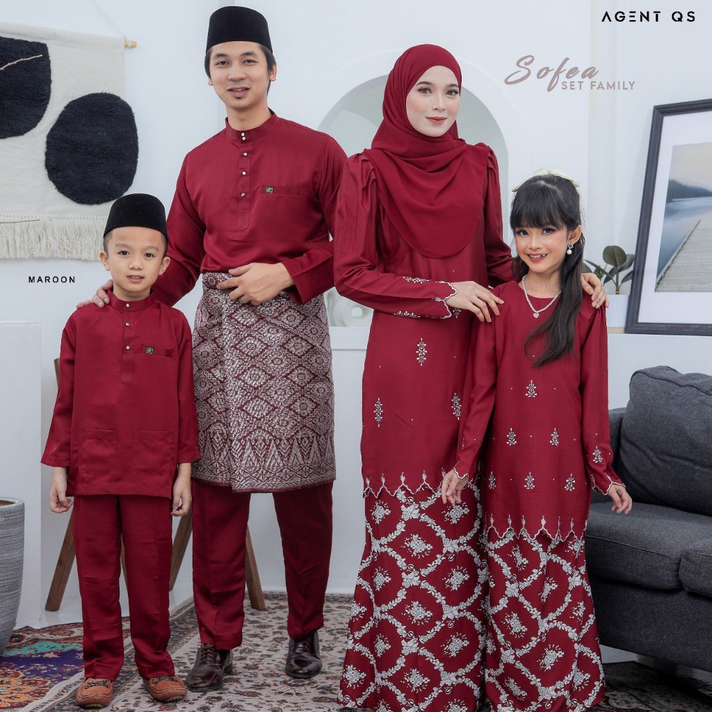 (MAROON) FULL SET FAMILY BAJU KURUNG SOFEA RAYA โดย ALLIN