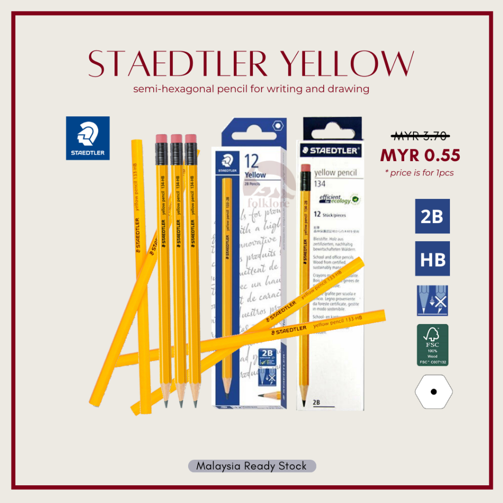 Staedtler ดินสอสีเหลือง 133-2B 133-HB 134-2B 134-HB ดินสอตะกั่วสีดําแพ็ค 12 ชิ้น Pensel Kayu 12 ชุด