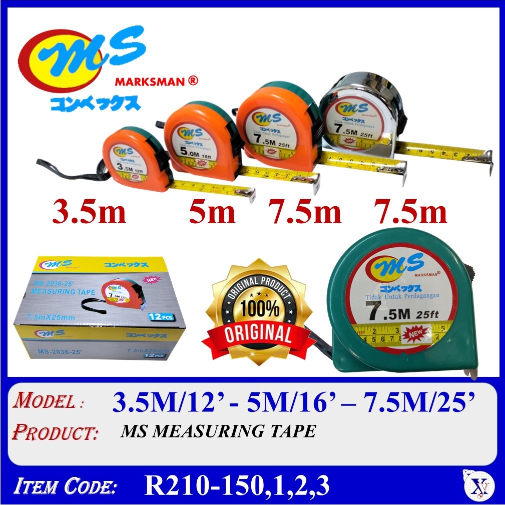 MS MEASURING TAPE TALI UKUR (R210-150 3.5M, R210-151 5M, R210-152 7.5M, R210-153 7.5M Chrome)