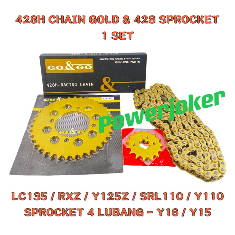 (1 ชุด) LC135 /RXZ /125Z/Y125Z ZR/SRL110 Z/Y110 SS SS2 428H CHAIN GOLD SPROCKET SPOKET 428 RANTAI GO