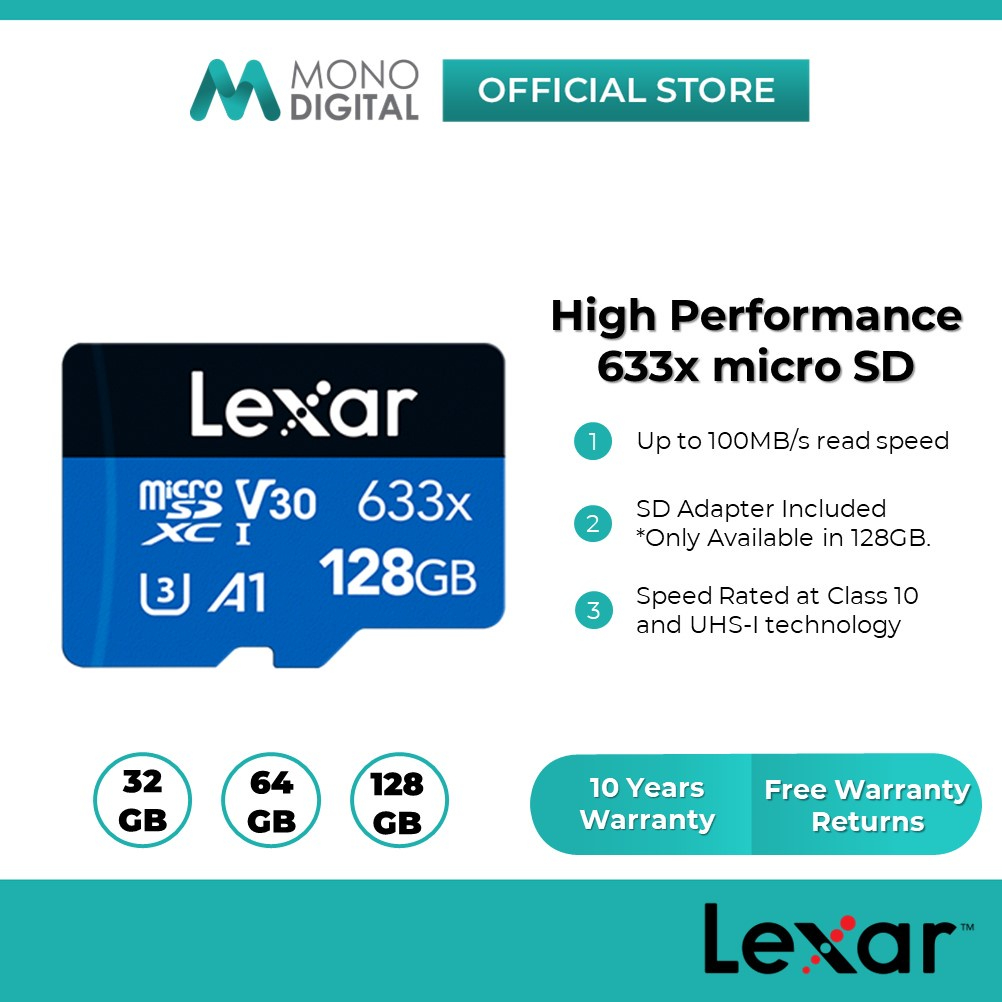Lexar MicroSD การ์ดหน่วยความจํา SD ประสิทธิภาพสูง 633x / Blue Plus UHS-I (128GB/64GB/32GB) Micro SD 