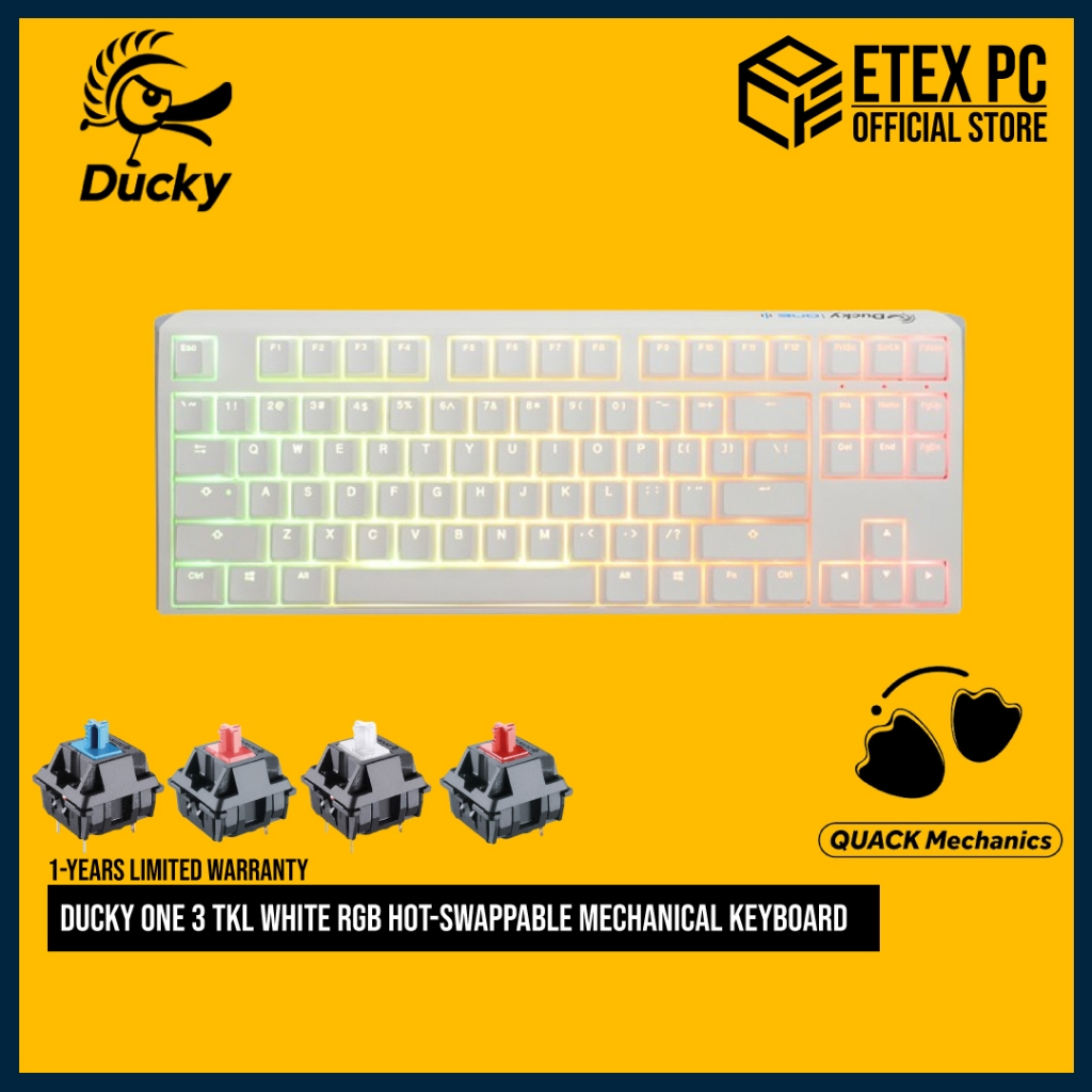 Ducky One 3 TKL White RGB Hot-Swappable Mechanical Keyboard - Cherry Mx Blue / Mx Red / Mx CLear / M