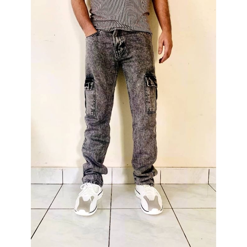 Seluar Jeans Cargo Lelaki 6 Pocket (Acid Wash) กางเกงยีนส์ทรงตรง Seluar Cargo ไม่ยืด