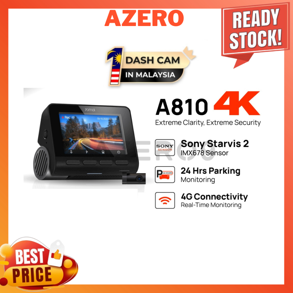 70MAI A810 เครื่องบันทึกรถยนต์ DashCam 4K Dual Vision พร้อม GPS ADAS