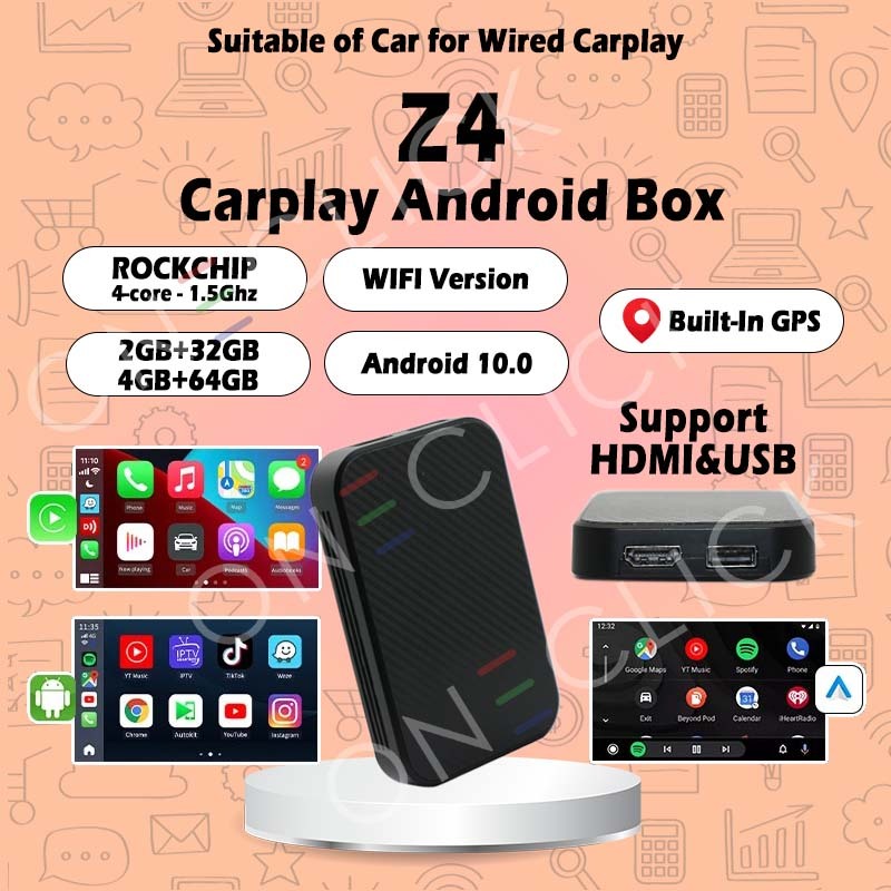 2GB + 32GB Android 10 ไร้สายรถเล่น AI mini กล่องสําหรับ YouTube Netflix แบบมีสายไร้สายสมัคร carplay 