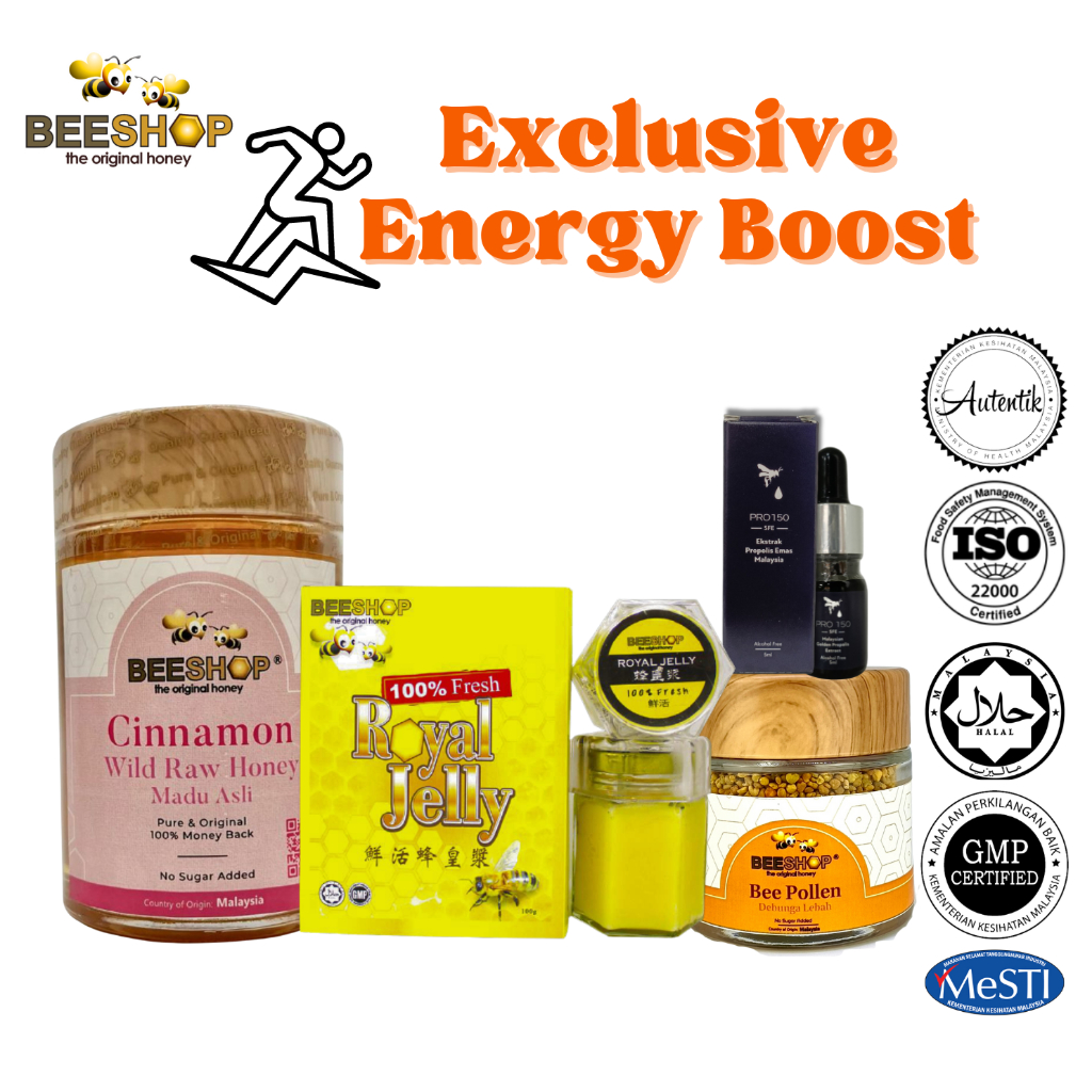 Bee Shop Energy Boost [KELULUT GOLDEN PROPOLIS 5ml+ROYAL JELLY 100g+MALLOTUS HONEY 380g+BEE POLLEN]