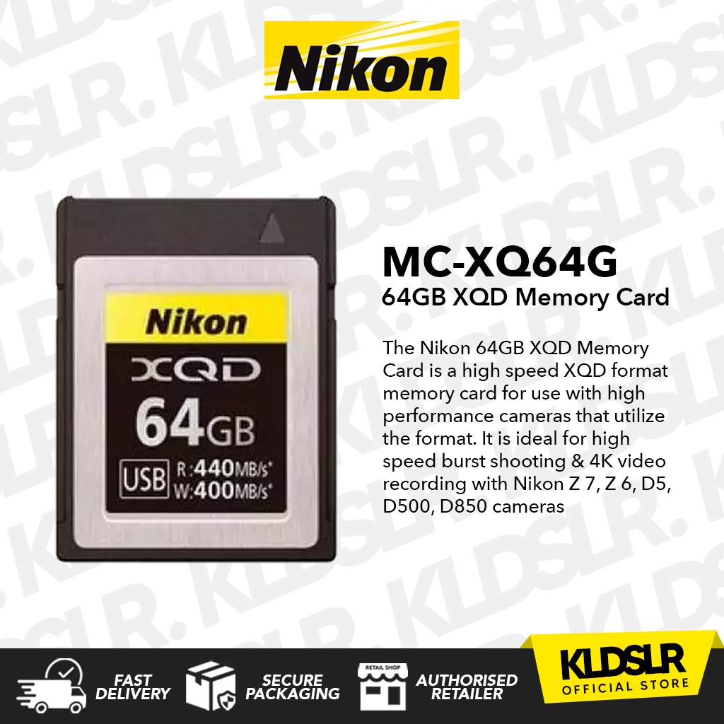 การ์ดหน่วยความจํา Nikon XQD 64GB สูงสุด. อ่านความเร็ว: 440 MB/s, Max เขียนความเร็ว: 400 MB/s ( MC-XQ
