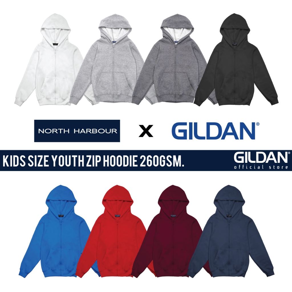 GILDAN x NORTH HARBOUR Rhodes Youth Zip Hoodie เด็ก Kangaroo กระเป๋านุ่มสบายผ้าฝ้ายโพลีเอสเตอร์ Hood