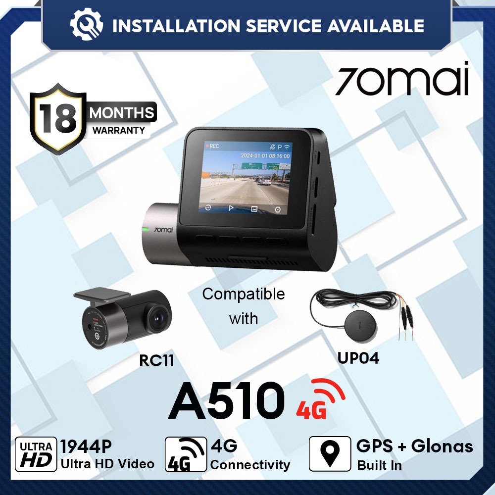 [พร้อมการติดตั้ง] 70mai A510 Dash Cam Dual Vision Car Recorder พร้อม GPS ADAS