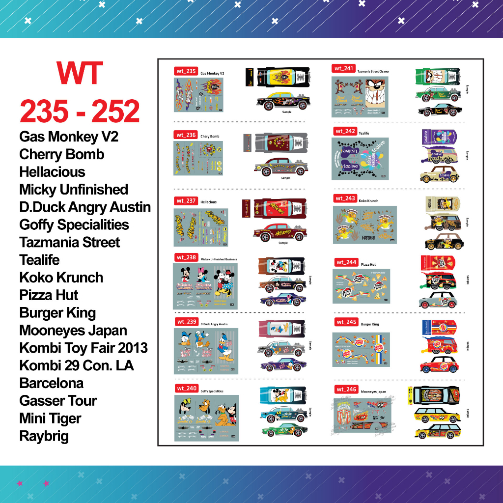 รูปลอกสไลด์น้ํา wt 235 - 252 HotWheels | GAS MONKEY HELLACIOUS MICKEY MOUSE GOFFY TAZMANIA PIZZA MOO