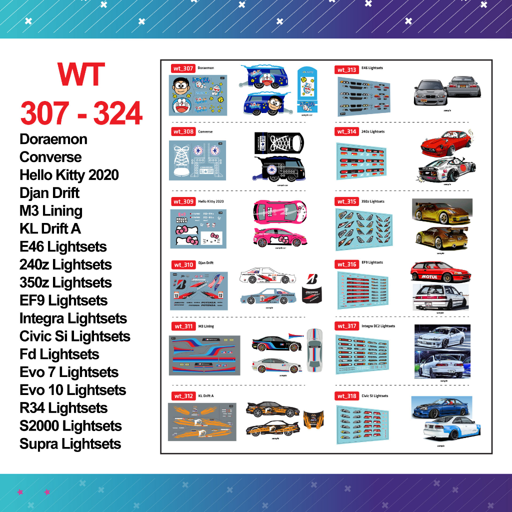 รูปลอกสไลด์น้ํา wt 307 - 324 evo X evo 10 LAMPU R34 HELLO KITTY AE86 DJAN E46 BMW EF9 DC2 EK9 S2000 