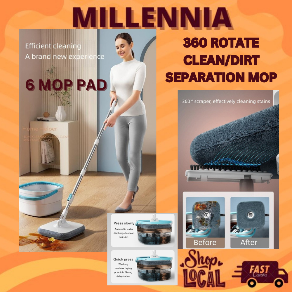 ชุดไม้ถูพื้นหมุน 360 พร้อมถังแยกน้ําสะอาดและสกปรก 6 ไม้ถูพื้น Spin Mop ไม้ถูพื้นแยก lantai Spin Mop 