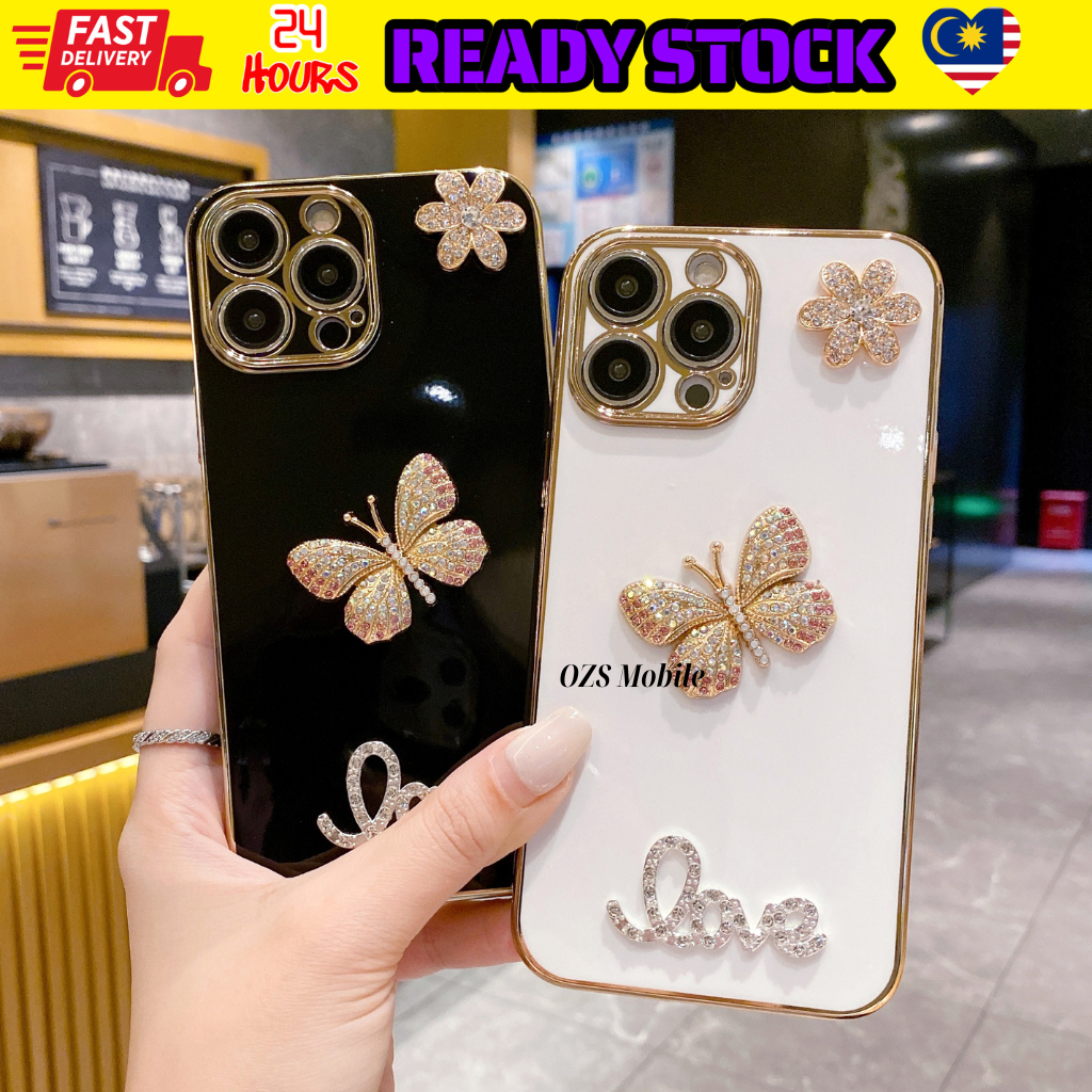 Oppo F11 Pro A3s A12e A53 A73 2020 A15 A16 A17 A18 fon sarung bling Loveผีเสื้อเพชรElectroplated sof