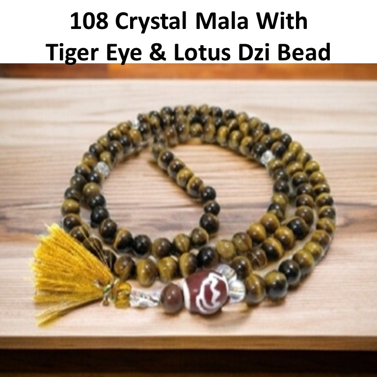 108 NATURAL CRYSTAL BEADS MALA WITH TIGER EYE & LOTUS DZI BEAD สําหรับสวดมนต์ / 108 MANIK KRISTITAL 