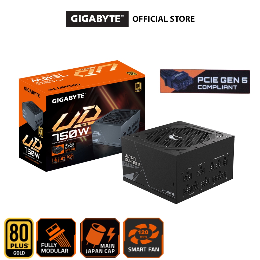 Gigabyte Ultra ทนทาน 750W PCIe 5.0 80+ Gold Full Modular Power Supply Unit PSU (UD750GM PG5) รองรับ 