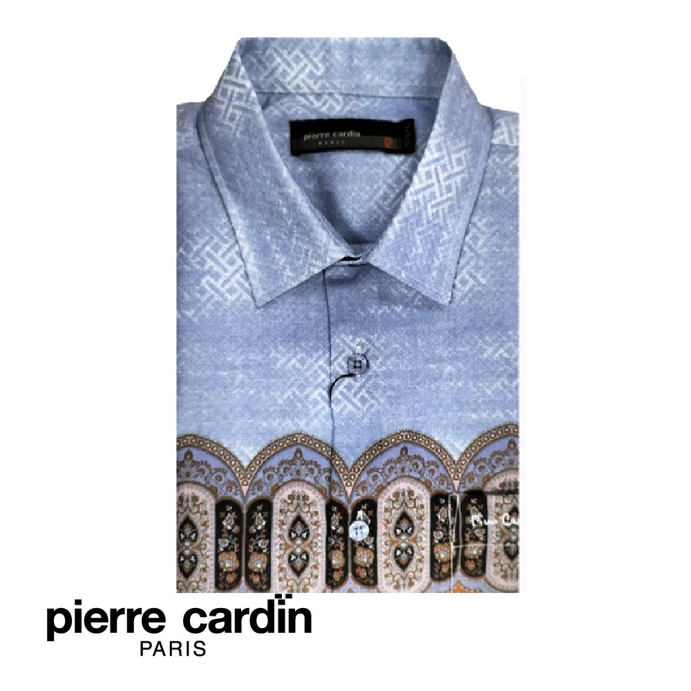 Pierre Cardin เสื้อเชิ้ต แขนสั้น ผู้ชาย ผ้าบาติก ทรงพอดีตัว สีฟ้า W3505B-11411